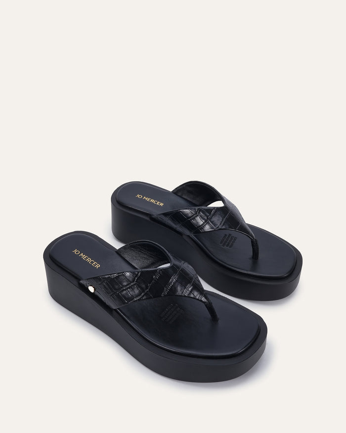 CHANCE MID WEDGE SANDALS BLACK LEATHER