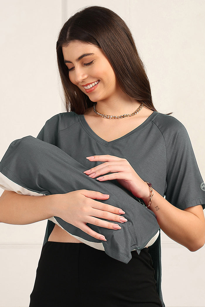Charcoal Grey Solid Nursing Top with Side Zip Access