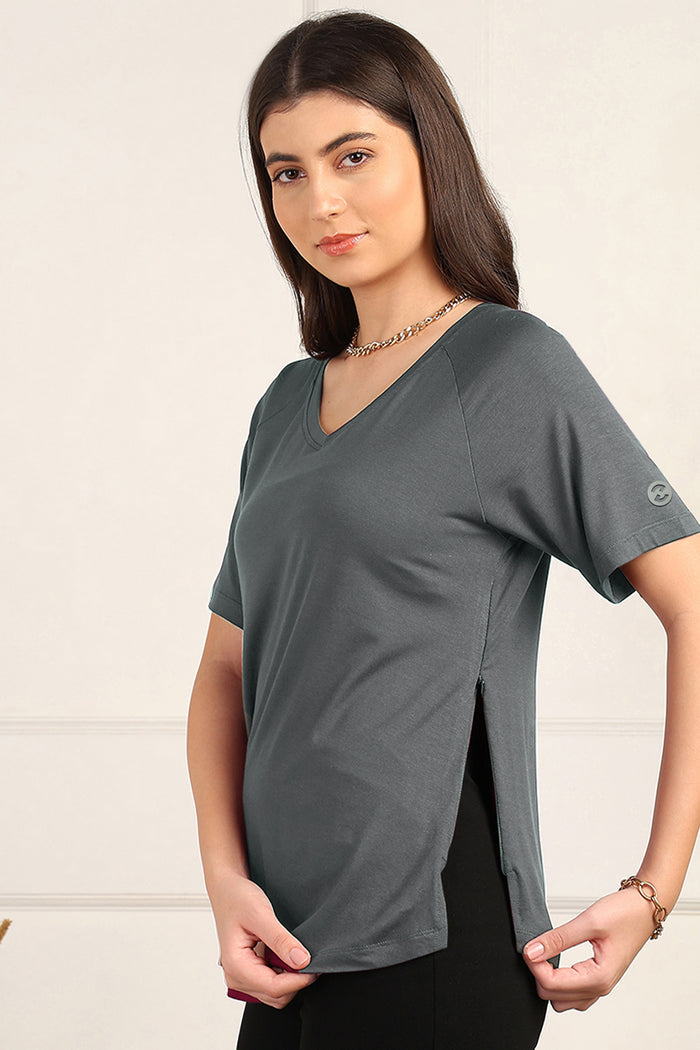 Charcoal Grey Solid Nursing Top with Side Zip Access