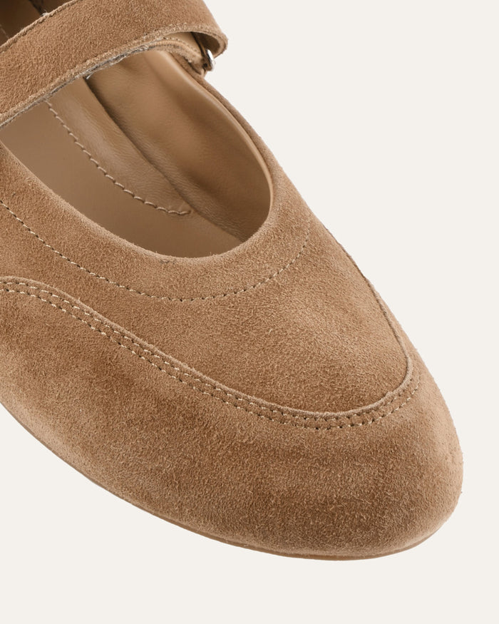 Close-up of a brown suede shoe on a white background