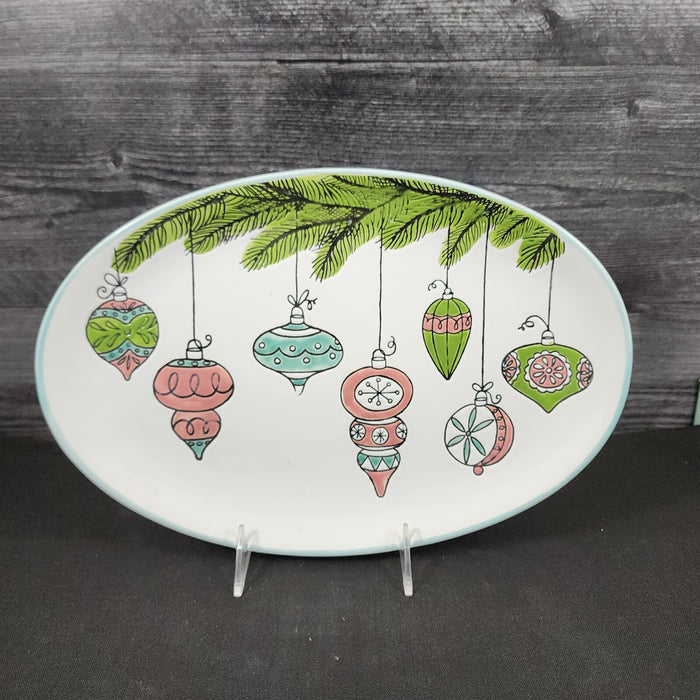 Christmas Ornaments VTG Platter Embossed Oval Serving Tray Ceramic Blue Sky 13"