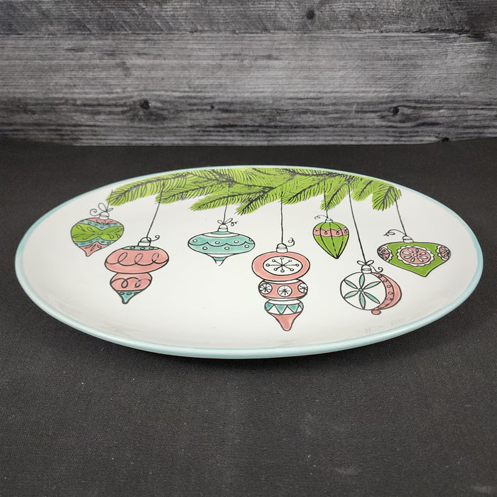 Christmas Ornaments VTG Platter Embossed Oval Serving Tray Ceramic Blue Sky 13"