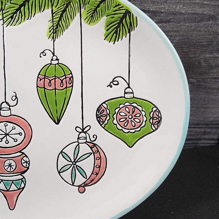 Christmas Ornaments VTG Platter Embossed Oval Serving Tray Ceramic Blue Sky 13"