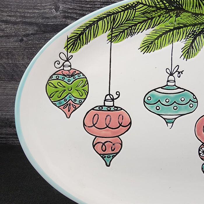 Christmas Ornaments VTG Platter Embossed Oval Serving Tray Ceramic Blue Sky 13"