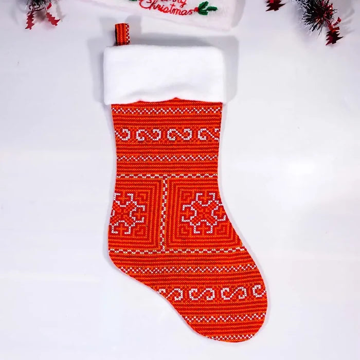 Vindigo red stocking with white cuff and Nordic embroidery