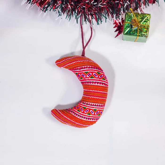Vindigo red tribal embroidered moon ornament hanging display