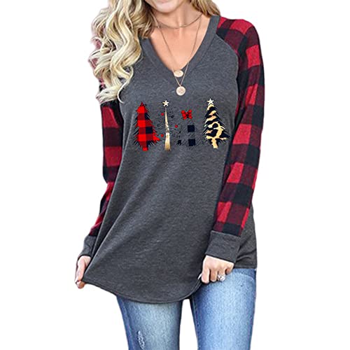Christmas Tree Pattern Printed V-Neck Raglan Long Sleeve Shirt Women