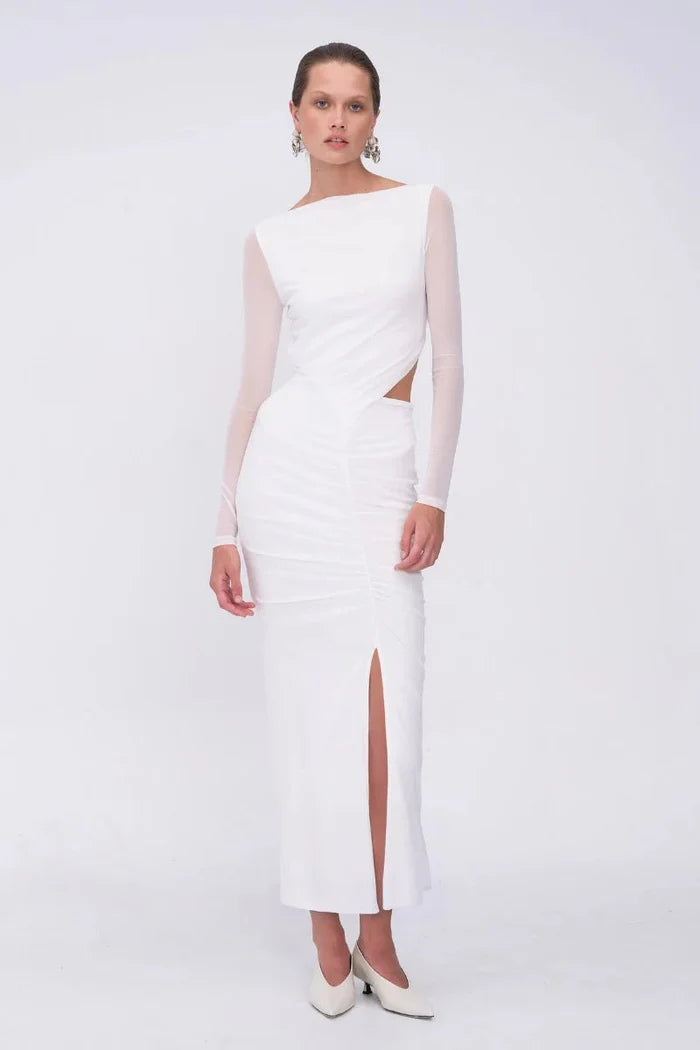 Christy Mesh Ruched Maxi Dress - White - SODA Fashion Haus