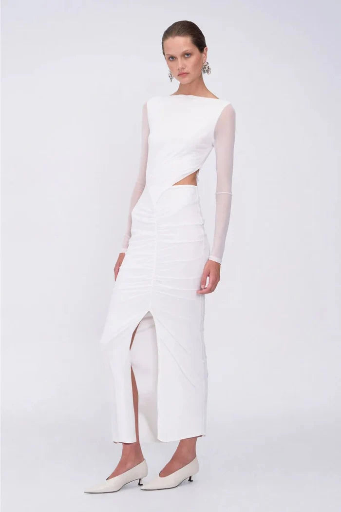 Christy Mesh Ruched Maxi Dress - White - SODA Fashion Haus