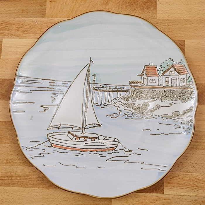 Coastal Sketchbook Plates Set of 2 Decorative Sail Boat Embossed by Blue Sky