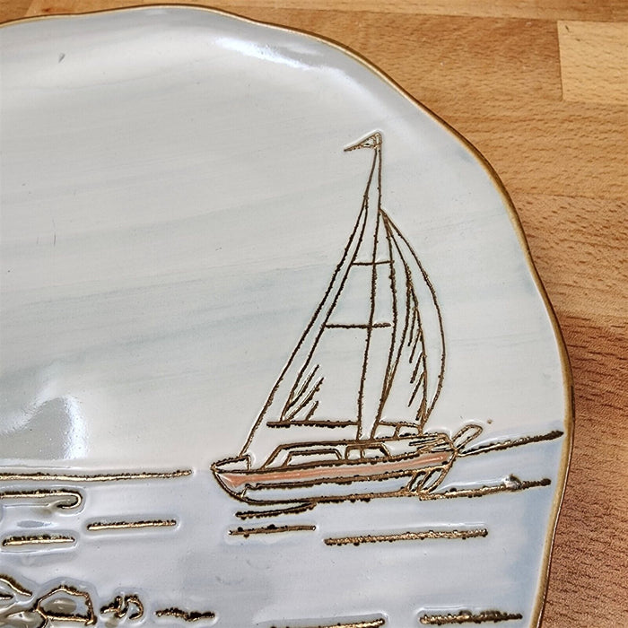 Coastal Sketchbook Plates Set of 2 Decorative Sail Boat Embossed by Blue Sky