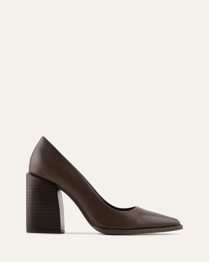 Brown leather high-heeled shoe on a white background