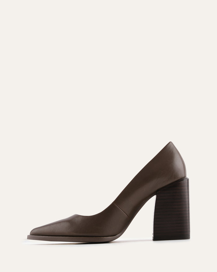 Brown high-heeled shoe on a white background