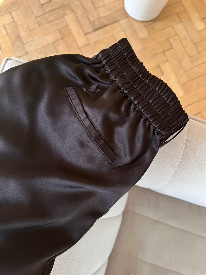Core Edit Dark Chocolate Lounge Shorts elasticated waistband detail, flat lay.