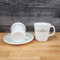 Corelle Corning Ribbon Bouquet 2 Coffee Mug & Saucer Set Tea Cup Gray Ceramic