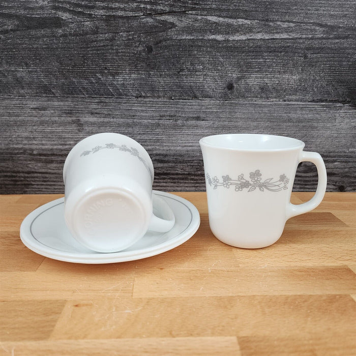 Corelle Corning Ribbon Bouquet 2 Coffee Mug & Saucer Set Tea Cup Gray Ceramic