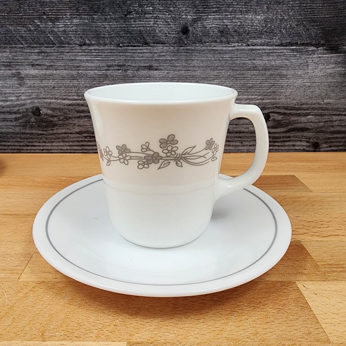 Corelle Corning Ribbon Bouquet 2 Coffee Mug & Saucer Set Tea Cup Gray Ceramic