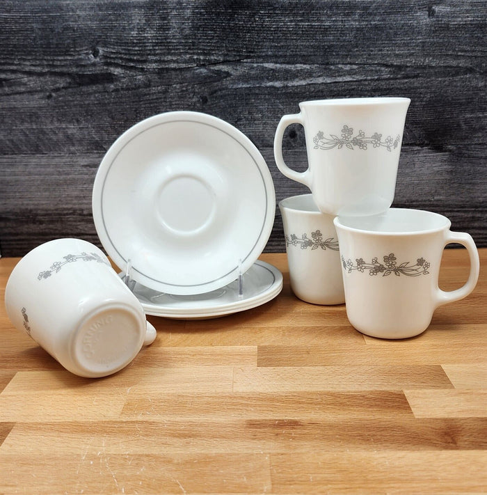 Corelle Corning Ribbon Bouquet 4 Coffee Mug & Saucer Set Tea Cup Gray Ceramic