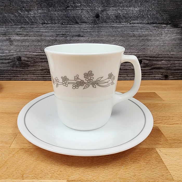 Corelle Corning Ribbon Bouquet 4 Coffee Mug & Saucer Set Tea Cup Gray Ceramic