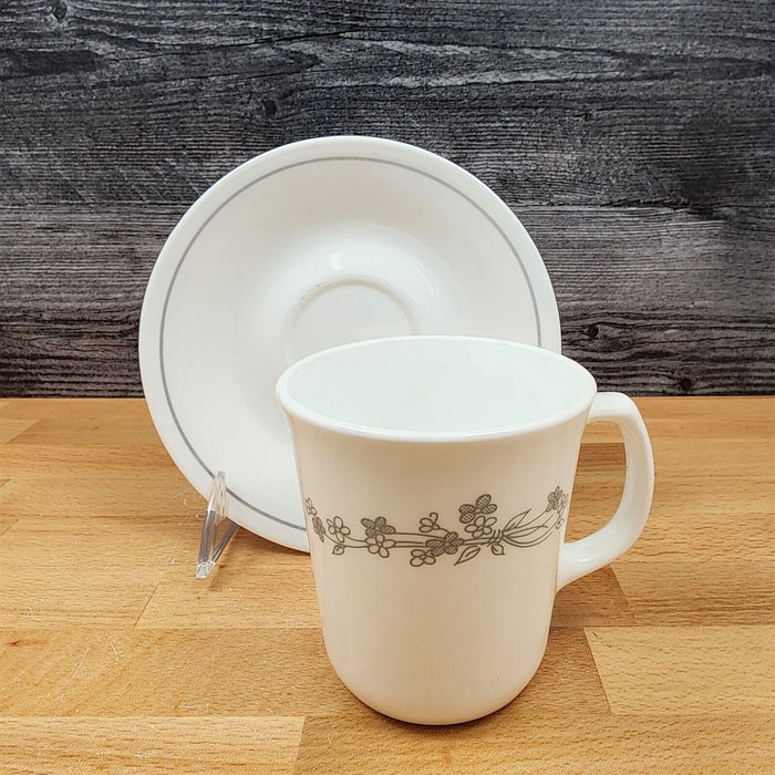 Corelle Corning Ribbon Bouquet 4 Coffee Mug & Saucer Set Tea Cup Gray Ceramic