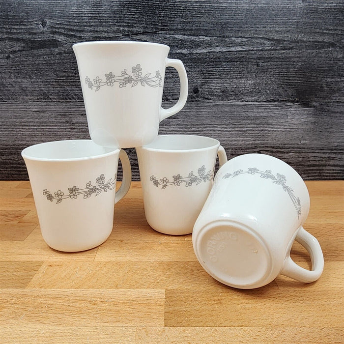 Corelle Corning Ribbon Bouquet Gray Tea Cup Set of 4 Coffee Mugs Ceramic