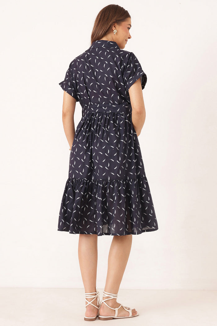 Cotton Tiered Feather Printed Zipless Feeding Shirt Dress - Navy Blue