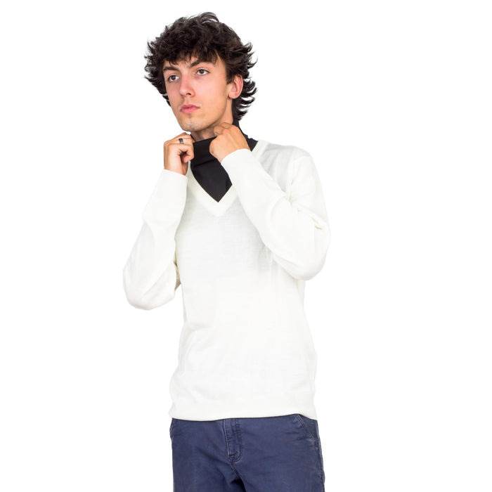 Crazy Cousin White V-Neck Sweater with Black Dickey