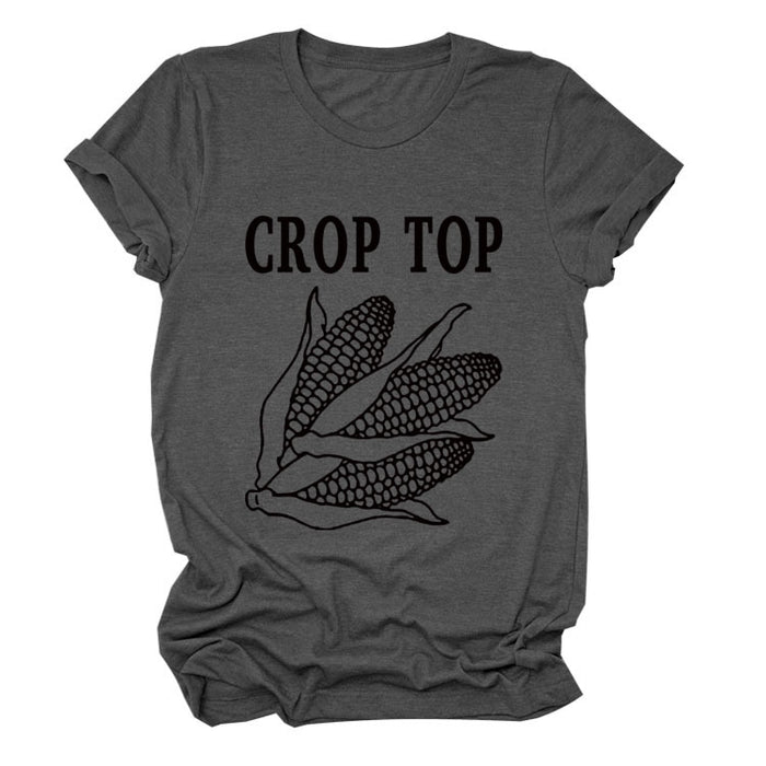 CROP TOP Corn Letter Print Crew Neck Fashion Short Sleeve Loose T-Shirt Women