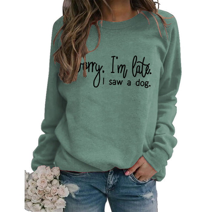 Cross Border Autumn and Winter Bottoming Long Sleeved Sorry I'm Late Letter Round Neck T-shirt Women's Sweater