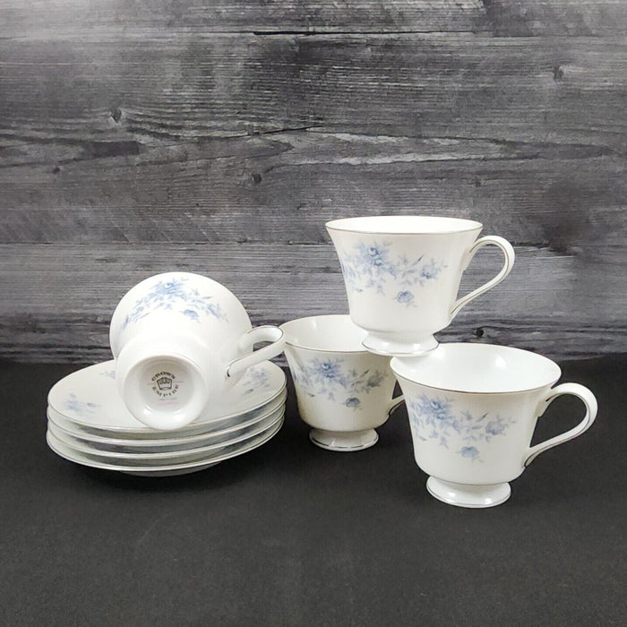 Crown Empire Duchess Set of 4 Cup and Saucer Ceramic Floral Silver Rim
