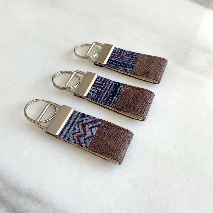 Vindigo keychain brown embroidered front view set of three