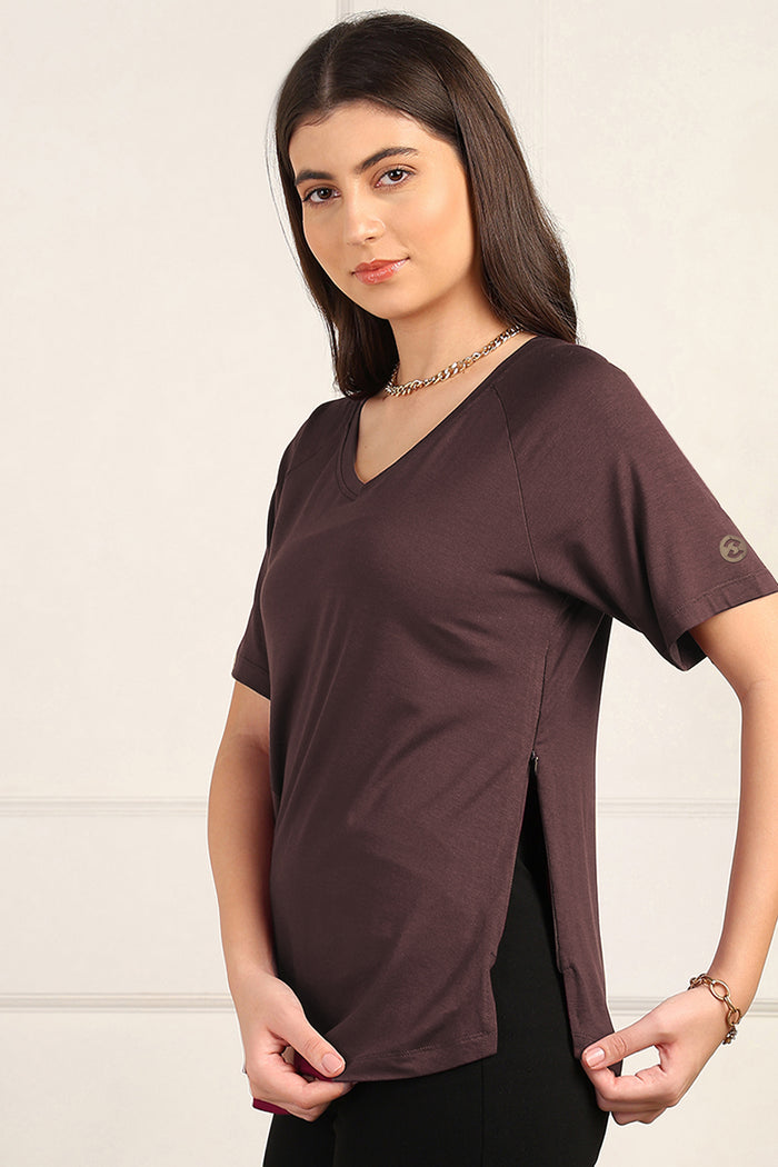 Dark Chocolate Solid Nursing Top with Side Zip Access