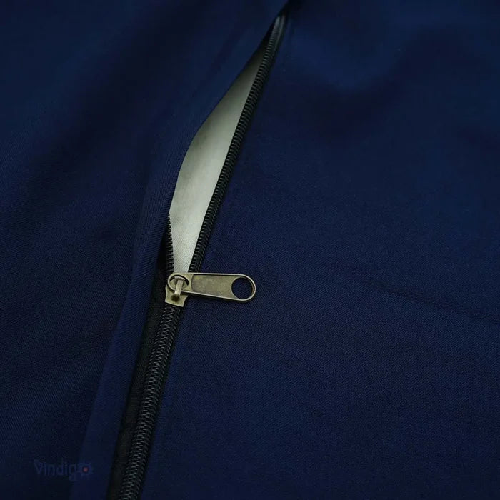 Zipper detail of dark indigo hemp cushion cover with clean finish