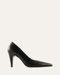 Black high-heeled shoe with lace detailing on a white background