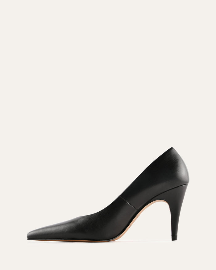 Black high-heeled shoe on a white background