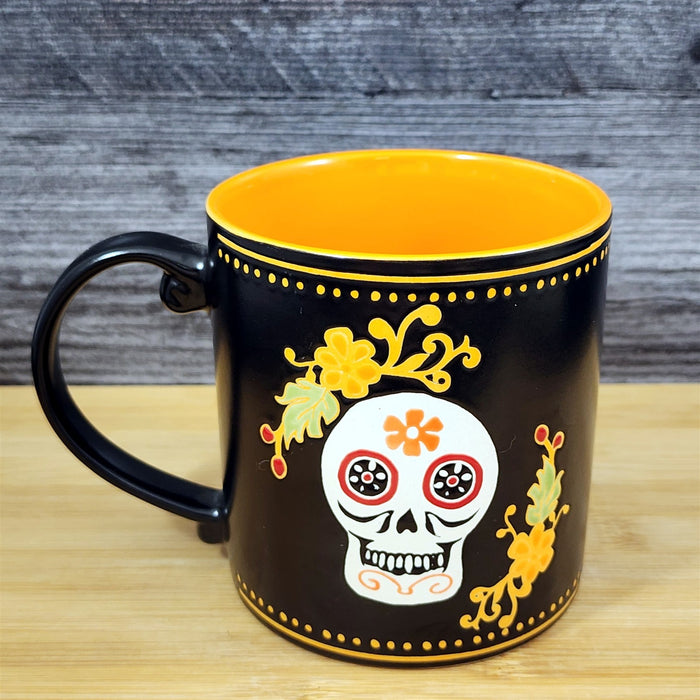 Day of the Dead Mug Black & Orange Skull Floral Coffee Tea Cup Ceramic Blue Sky