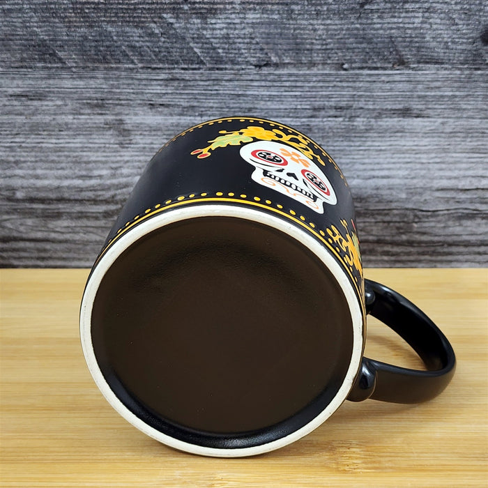 Day of the Dead Mug Black & Orange Skull Floral Coffee Tea Cup Ceramic Blue Sky