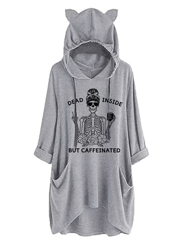 Dead Inside But Caffeinated Sunflower Women Long Sleeve Hoodies Skull Shirt for Women