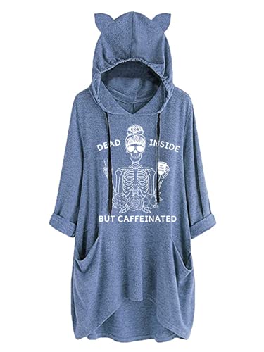 Dead Inside But Caffeinated Sunflower Women Long Sleeve Hoodies Skull Shirt for Women