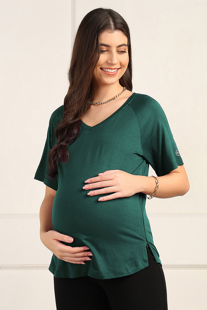 Deep Emerald Solid Nursing Top with Side Zip Access
