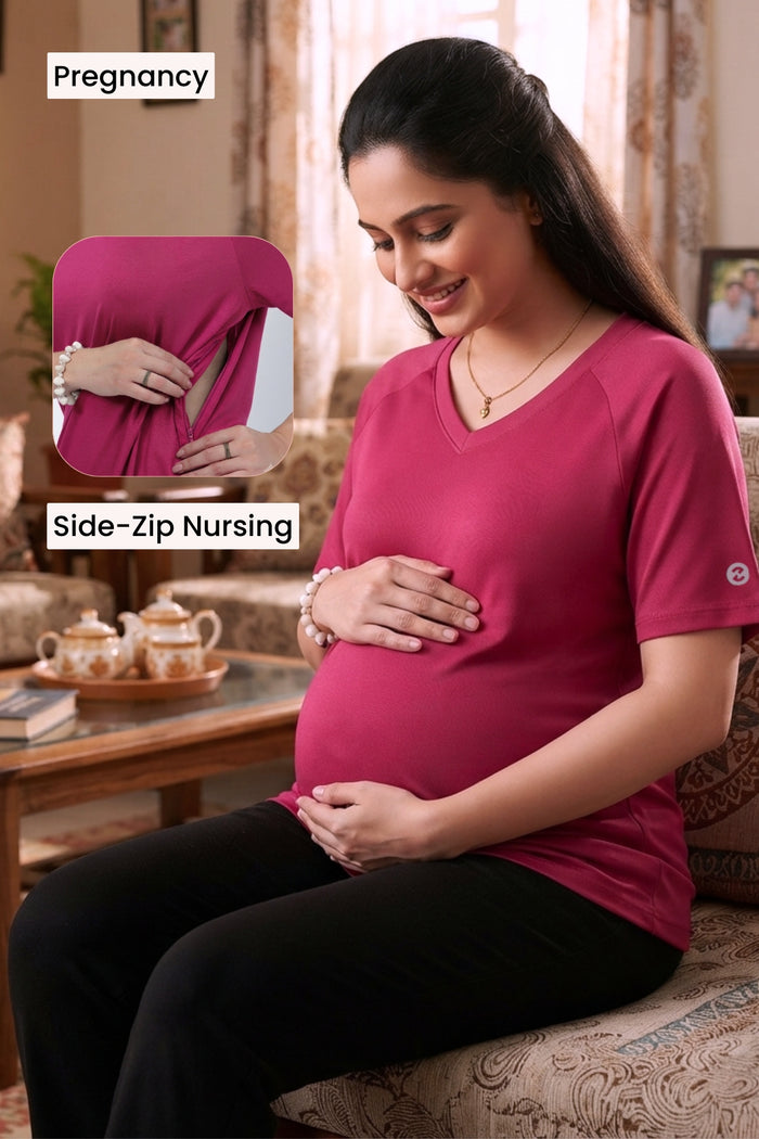 Deep Rose Solid Nursing Top with Side Zip Access