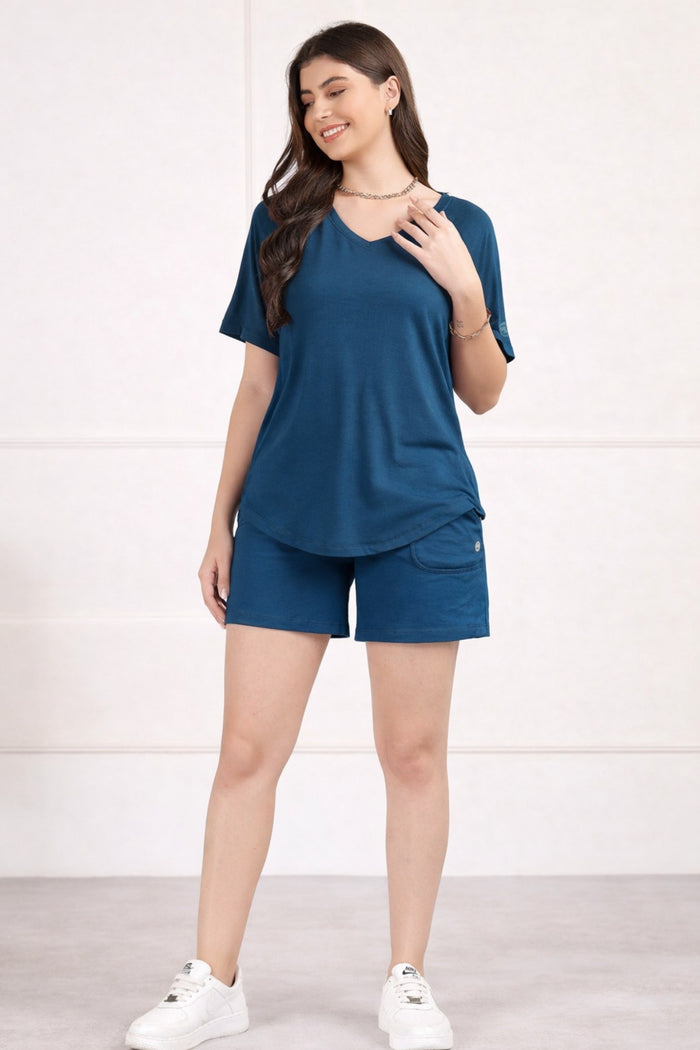 Deep Teal Maternity Nursing Top & Shorts Set