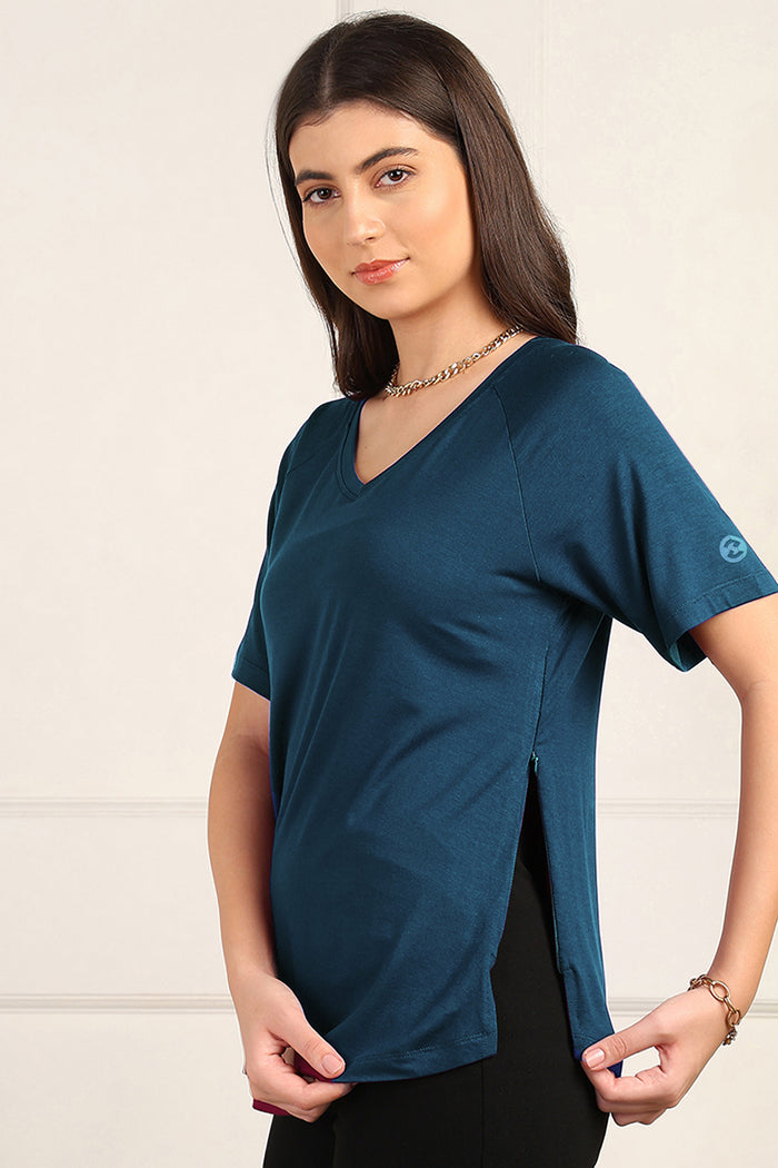 Deep Teal Solid Nursing Top with Side Zip Access