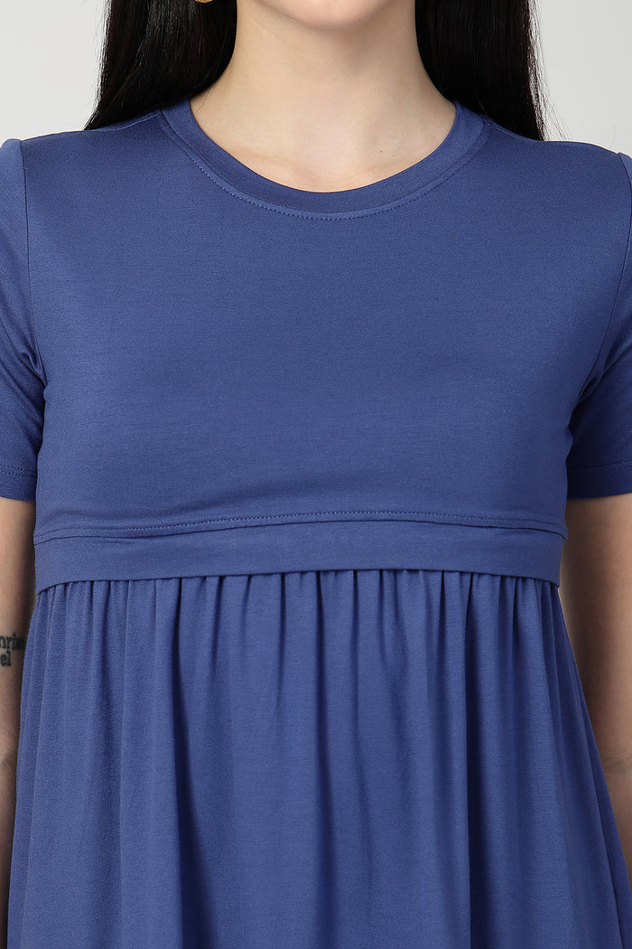 Interior view of Denim Blue Maternity Zipless Feeding Gathered Top showing Zipless.