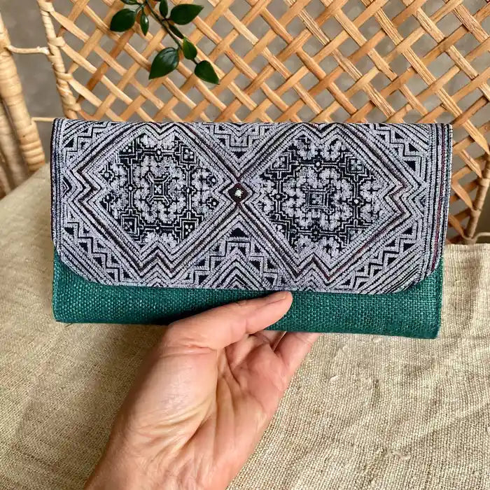 Vindigo long purse teal hemp tribal front handheld view