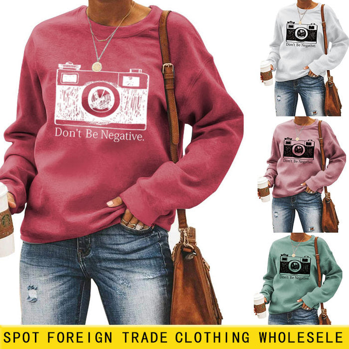 Don't Be Negative Printed Round Neck Long Sleeve Print Loose Sweater