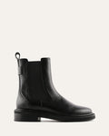Black leather boot with a gold buckle on a white background