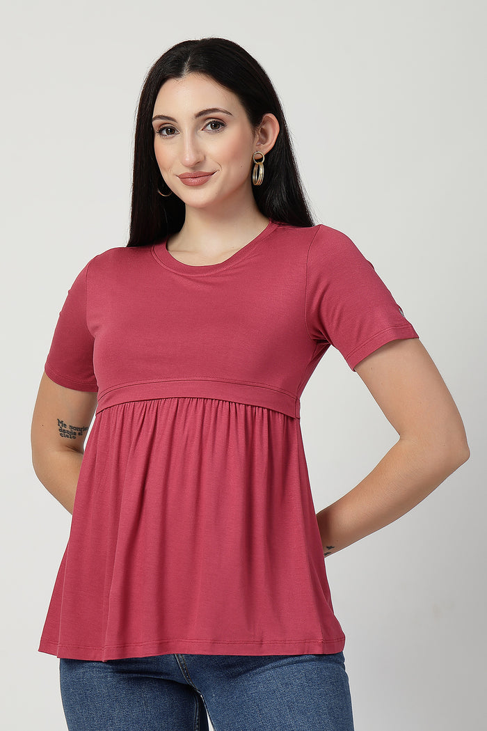 Dusty Rose Maternity Zipless Feeding Gathered Top in dusty-pink made with soft Viscose fabric.
