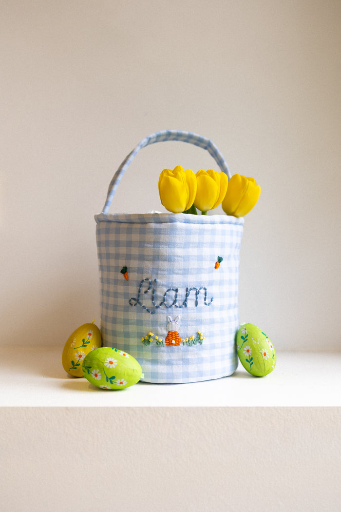 Easter bag - Vichy Blue - Hand-embroidered