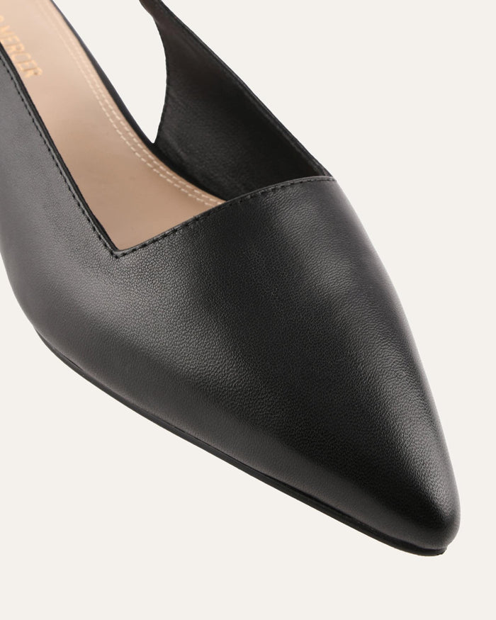Black pointed-toe shoe on a white background